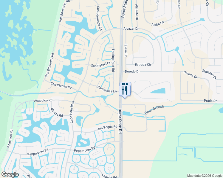 map of restaurants, bars, coffee shops, grocery stores, and more near 24508 Saragossa Lane in Punta Gorda