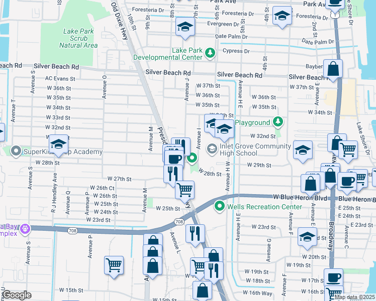 map of restaurants, bars, coffee shops, grocery stores, and more near 3010 Avenue J in West Palm Beach