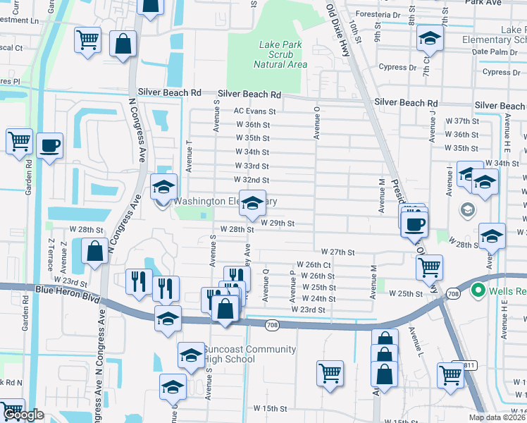 map of restaurants, bars, coffee shops, grocery stores, and more near 1449 West 30th Street in West Palm Beach