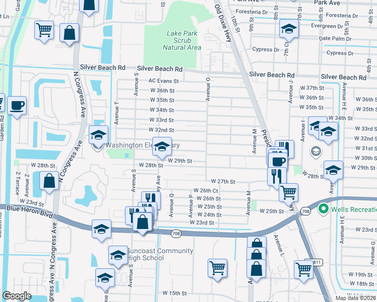 map of restaurants, bars, coffee shops, grocery stores, and more near 1373 West 30th Street in West Palm Beach