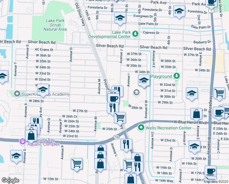 map of restaurants, bars, coffee shops, grocery stores, and more near 3021 1/2 Avenue J in Riviera Beach