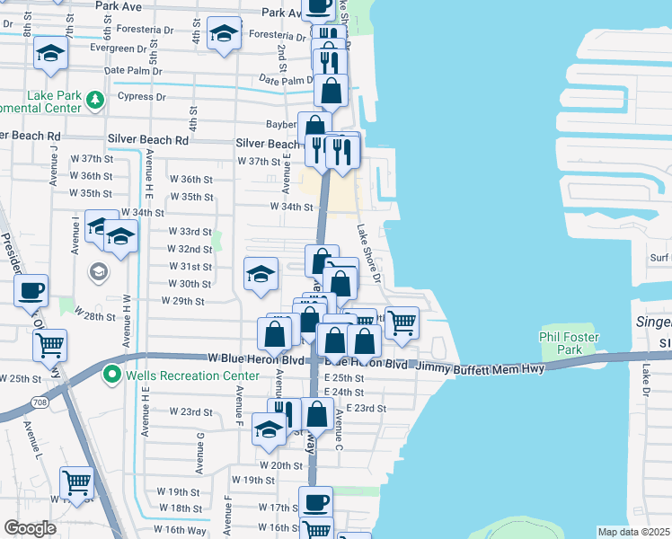 map of restaurants, bars, coffee shops, grocery stores, and more near 29 Helen Court in Riviera Beach