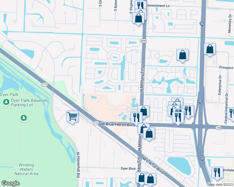 map of restaurants, bars, coffee shops, grocery stores, and more near 1107 Via Jardin in Riviera Beach