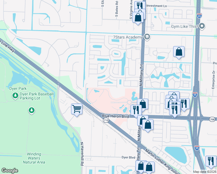 map of restaurants, bars, coffee shops, grocery stores, and more near 1083 Via Jardin in Riviera Beach