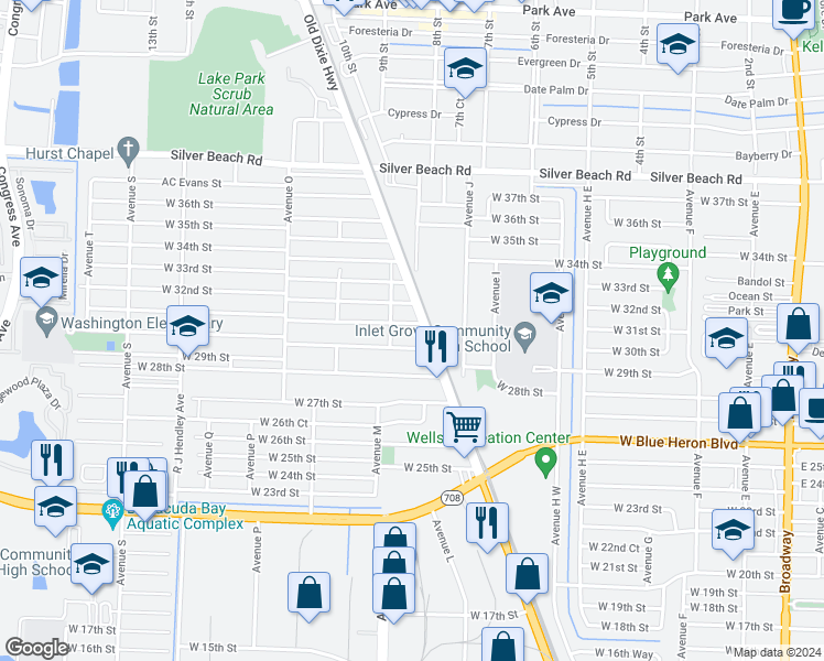 map of restaurants, bars, coffee shops, grocery stores, and more near 1068 West 30th Street in West Palm Beach