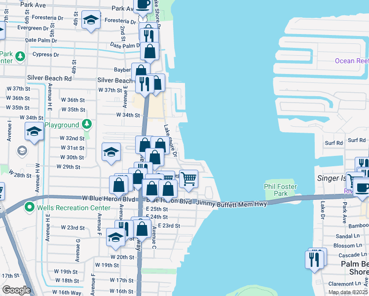 map of restaurants, bars, coffee shops, grocery stores, and more near 3040 Lake Shore Drive in Riviera Beach