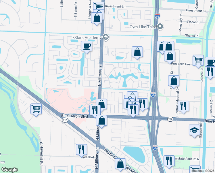 map of restaurants, bars, coffee shops, grocery stores, and more near 4429 74th Road North in West Palm Beach