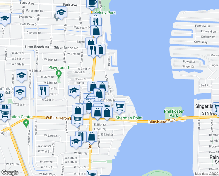 map of restaurants, bars, coffee shops, grocery stores, and more near 20 Helen Court in Riviera Beach