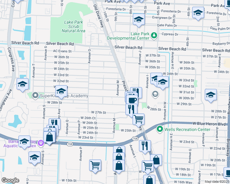 map of restaurants, bars, coffee shops, grocery stores, and more near 1109 West 31st Street in West Palm Beach