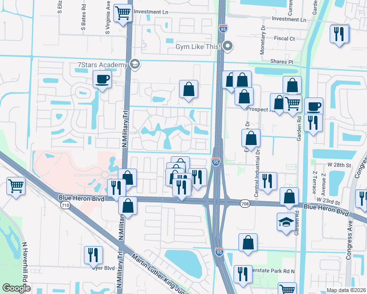 map of restaurants, bars, coffee shops, grocery stores, and more near 4151 74th Road North in Riviera Beach