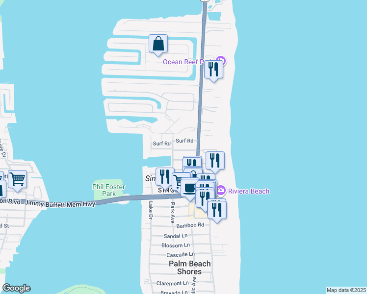 map of restaurants, bars, coffee shops, grocery stores, and more near 1273 North Harbor Drive in West Palm Beach