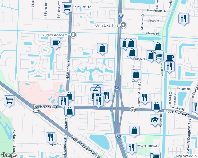 map of restaurants, bars, coffee shops, grocery stores, and more near 4151 74th Road North in Riviera Beach