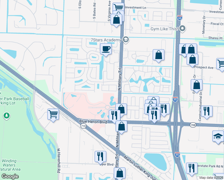 map of restaurants, bars, coffee shops, grocery stores, and more near 7501 North Military Trail in West Palm Beach
