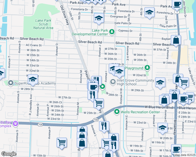 map of restaurants, bars, coffee shops, grocery stores, and more near 3010 Avenue J in West Palm Beach