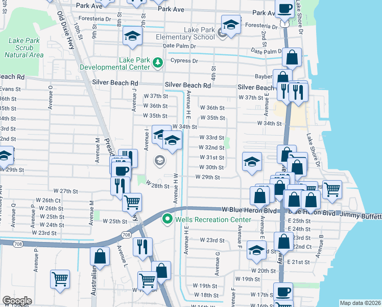 map of restaurants, bars, coffee shops, grocery stores, and more near 490 West 30th Street in West Palm Beach