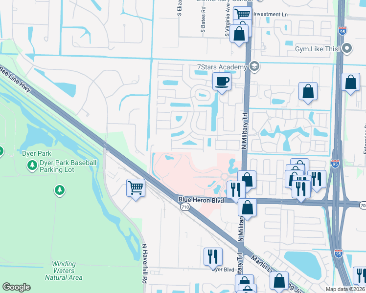 map of restaurants, bars, coffee shops, grocery stores, and more near 1083 Via Jardin in Riviera Beach