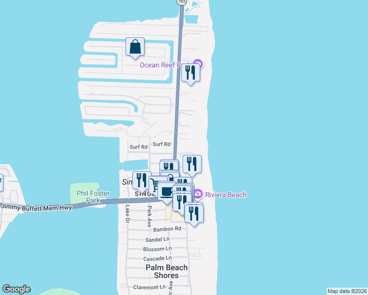 map of restaurants, bars, coffee shops, grocery stores, and more near 3200 North Ocean Drive in Riviera Beach