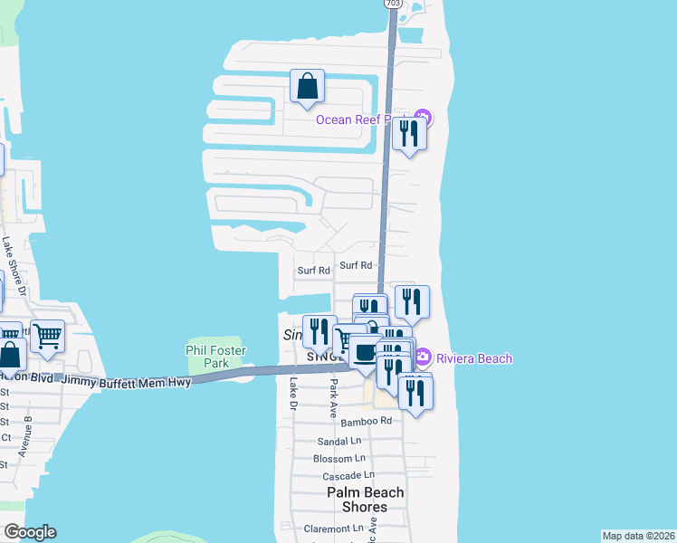 map of restaurants, bars, coffee shops, grocery stores, and more near 1200 Surf Road in West Palm Beach
