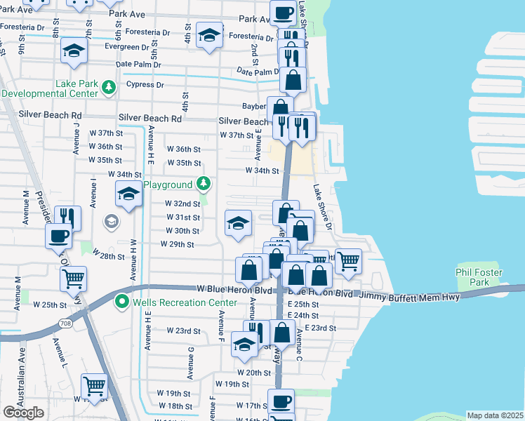 map of restaurants, bars, coffee shops, grocery stores, and more near 18 Ocean Street in Riviera Beach