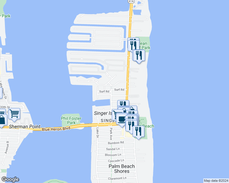 map of restaurants, bars, coffee shops, grocery stores, and more near 1200 Surf Road in West Palm Beach
