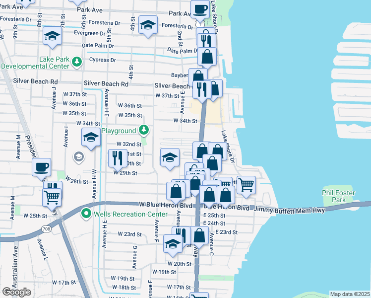map of restaurants, bars, coffee shops, grocery stores, and more near 18 Ocean Street in Riviera Beach