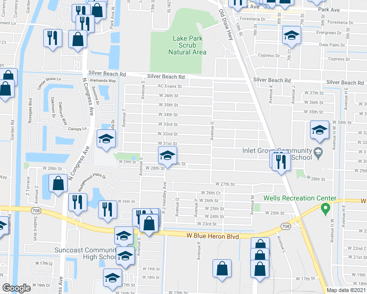 map of restaurants, bars, coffee shops, grocery stores, and more near 1449 West 32nd Street in West Palm Beach