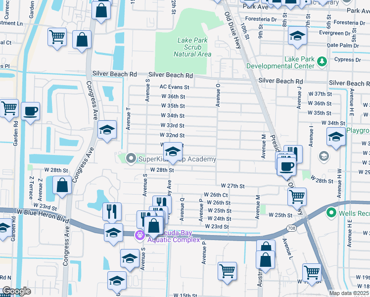 map of restaurants, bars, coffee shops, grocery stores, and more near 1449 West 32nd Street in West Palm Beach