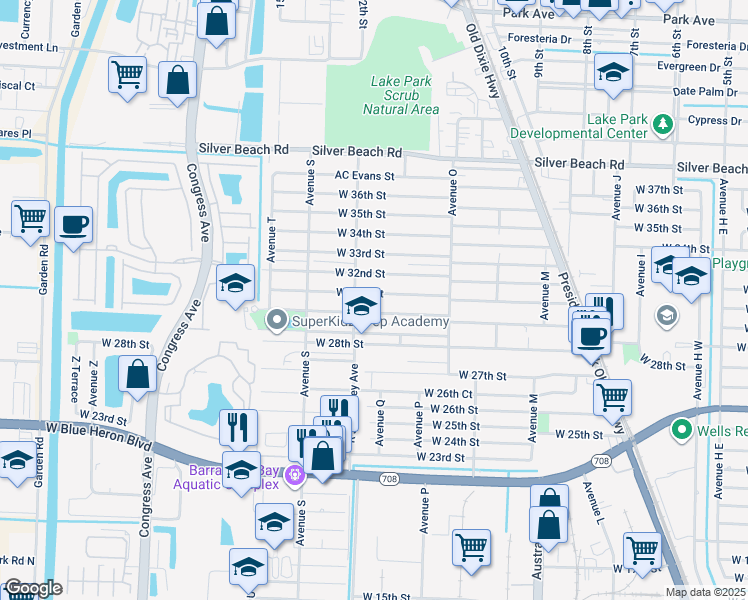map of restaurants, bars, coffee shops, grocery stores, and more near 1449 West 32nd Street in West Palm Beach