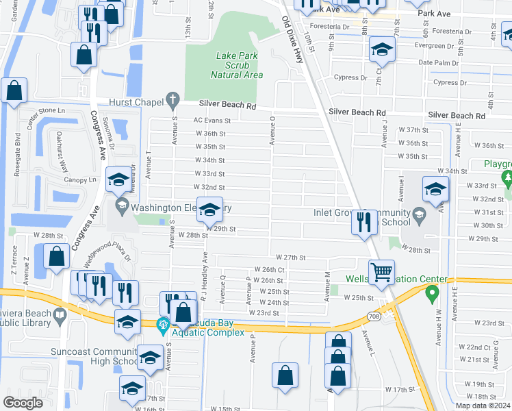 map of restaurants, bars, coffee shops, grocery stores, and more near 1341 West 31st Street in West Palm Beach