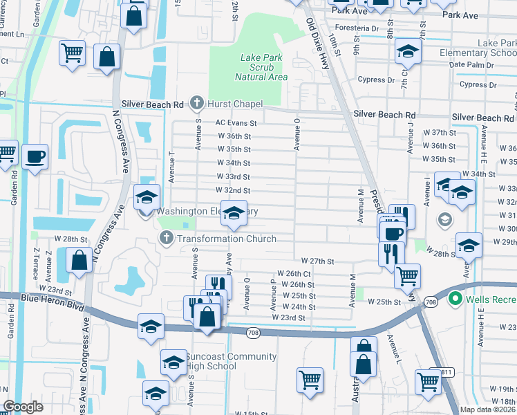 map of restaurants, bars, coffee shops, grocery stores, and more near 1409 West 31st Street in West Palm Beach