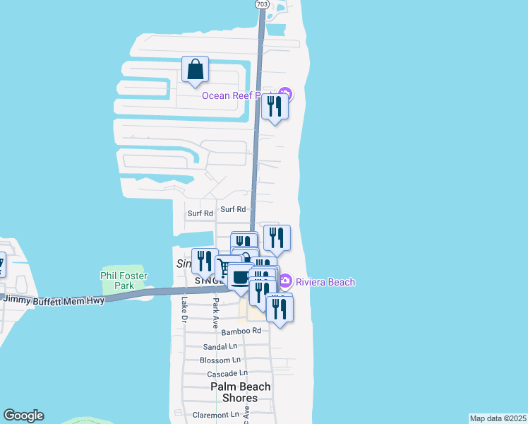 map of restaurants, bars, coffee shops, grocery stores, and more near 3100 North Ocean Drive in Riviera Beach