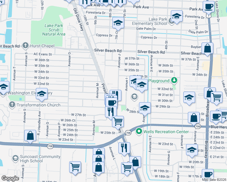 map of restaurants, bars, coffee shops, grocery stores, and more near 3211 Avenue J in West Palm Beach