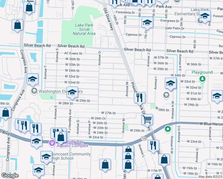 map of restaurants, bars, coffee shops, grocery stores, and more near 1225 West 32nd Street in Riviera Beach