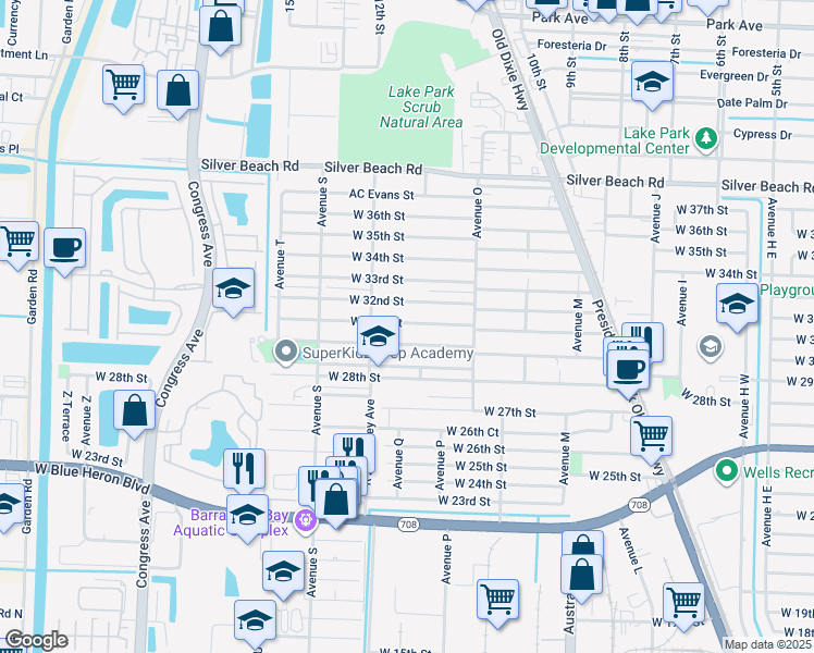 map of restaurants, bars, coffee shops, grocery stores, and more near 1449 West 32nd Street in West Palm Beach