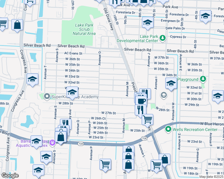 map of restaurants, bars, coffee shops, grocery stores, and more near 1225 West 32nd Street in Riviera Beach