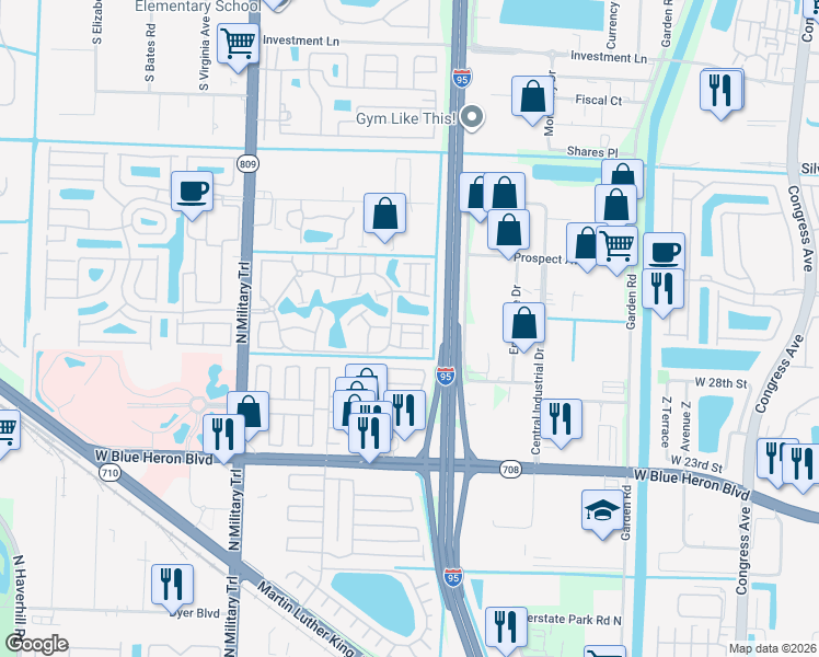 map of restaurants, bars, coffee shops, grocery stores, and more near 2013 Sugar Maple Drive in Riviera Beach