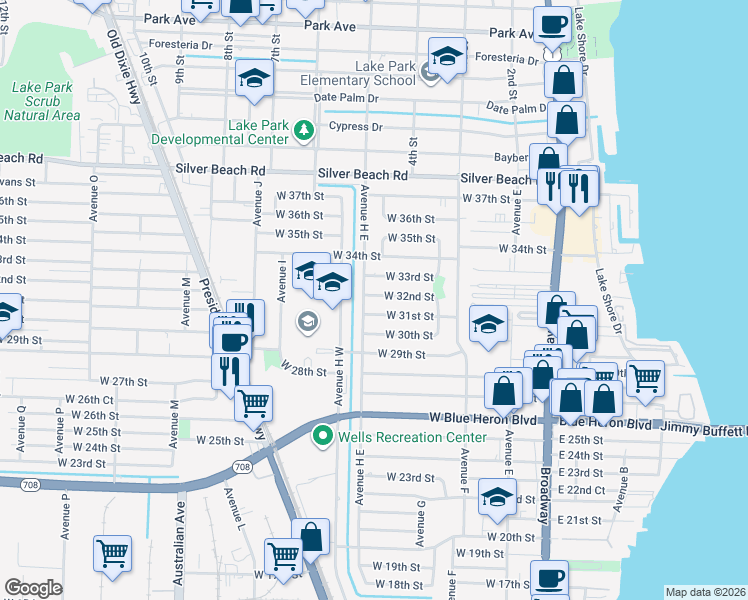 map of restaurants, bars, coffee shops, grocery stores, and more near 481 West 32nd Street in West Palm Beach