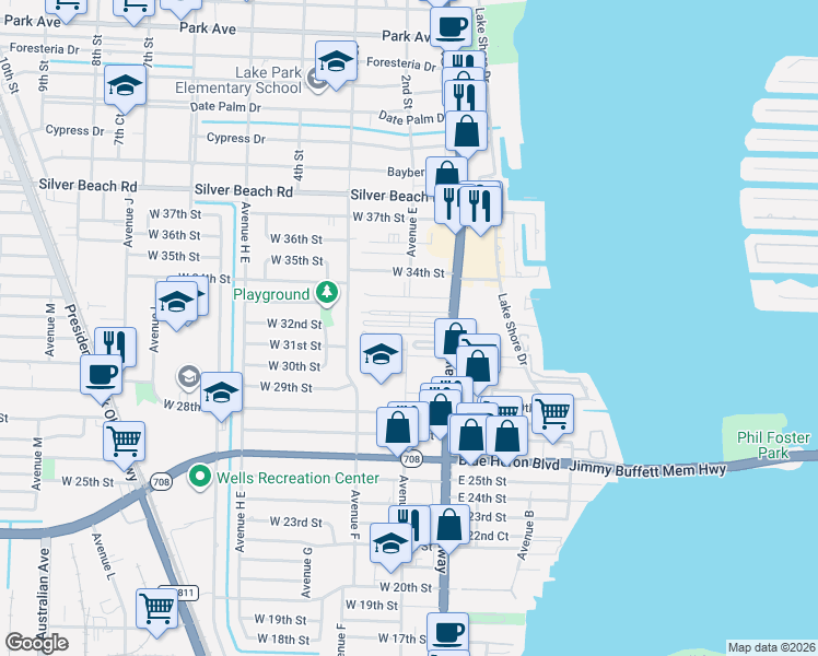 map of restaurants, bars, coffee shops, grocery stores, and more near 18 Ocean Street in Riviera Beach