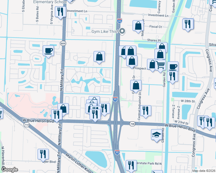 map of restaurants, bars, coffee shops, grocery stores, and more near 2013 Sugar Maple Drive in Riviera Beach