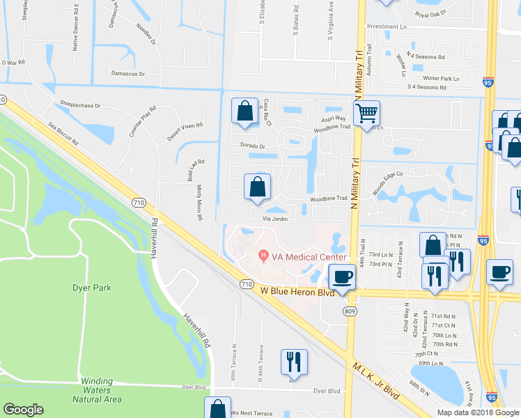 map of restaurants, bars, coffee shops, grocery stores, and more near 1020 Via Jardin in Riviera Beach
