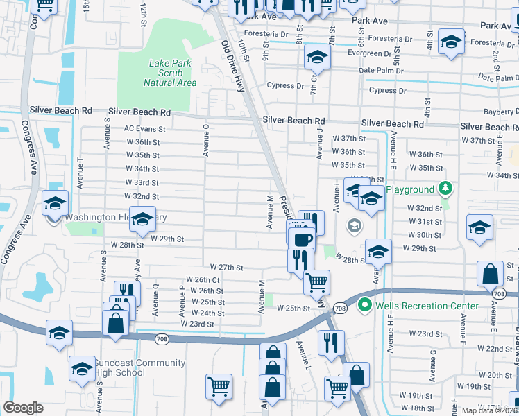 map of restaurants, bars, coffee shops, grocery stores, and more near 1156 West 32nd Street in West Palm Beach