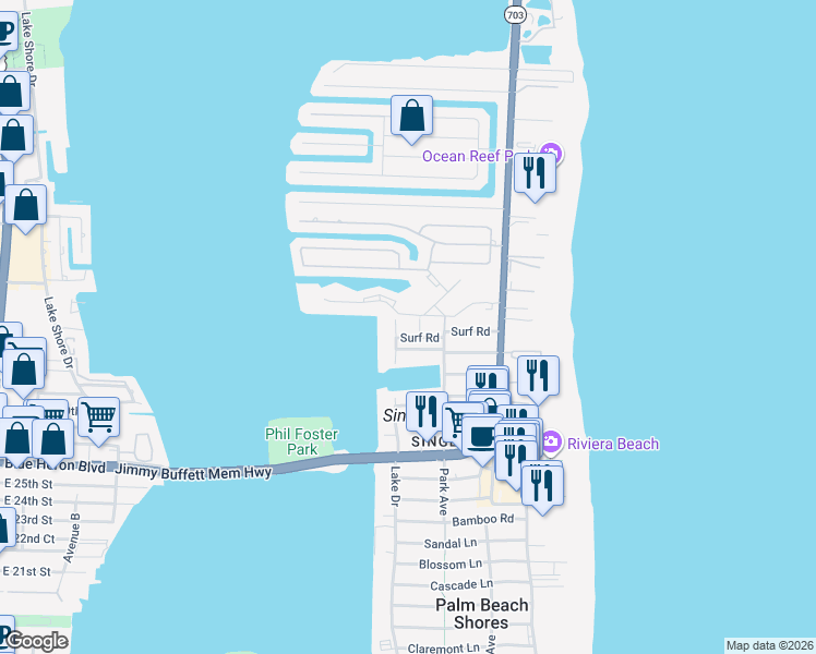 map of restaurants, bars, coffee shops, grocery stores, and more near 1100 Surf Road in West Palm Beach