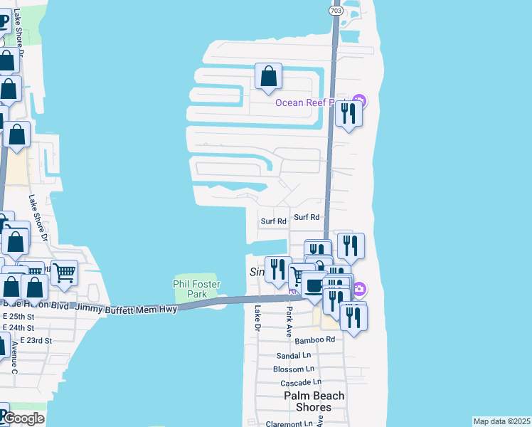 map of restaurants, bars, coffee shops, grocery stores, and more near 1100 Surf Road in West Palm Beach