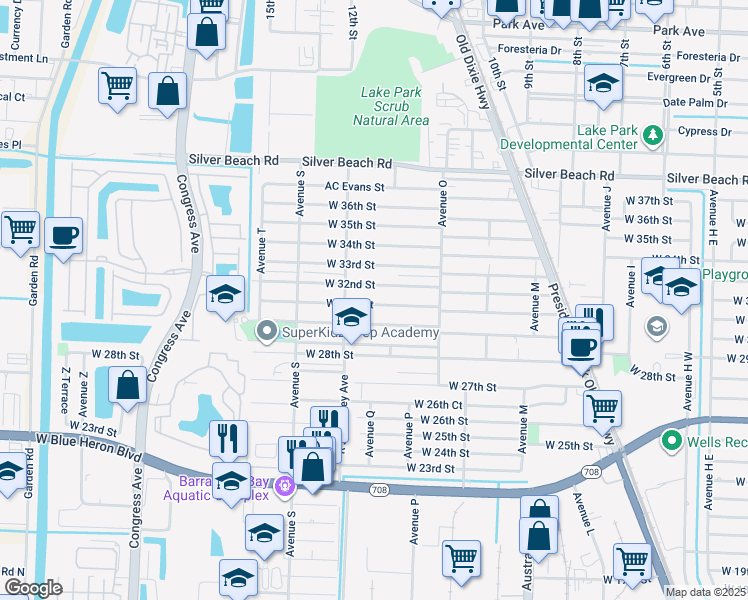 map of restaurants, bars, coffee shops, grocery stores, and more near 1449 West 32nd Street in West Palm Beach