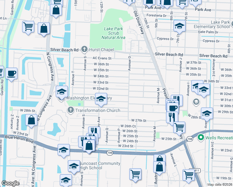 map of restaurants, bars, coffee shops, grocery stores, and more near 1373 West 32nd Street in West Palm Beach