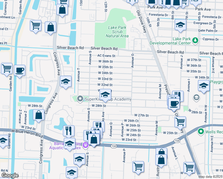 map of restaurants, bars, coffee shops, grocery stores, and more near 1440 West 31st Street in West Palm Beach