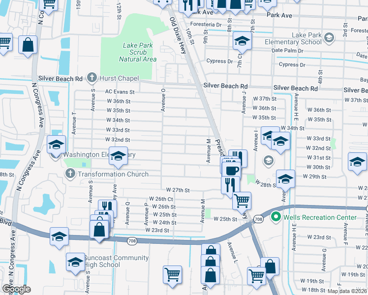 map of restaurants, bars, coffee shops, grocery stores, and more near 1225 West 32nd Street in Riviera Beach