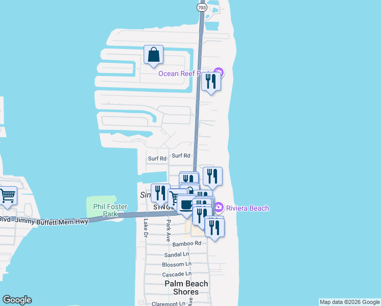 map of restaurants, bars, coffee shops, grocery stores, and more near 1264 Surf Road in West Palm Beach