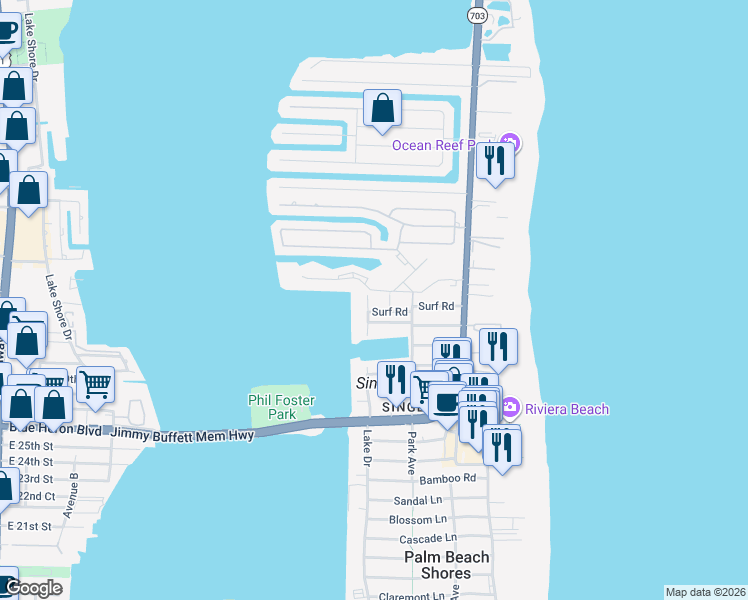 map of restaurants, bars, coffee shops, grocery stores, and more near 1100 Surf Road in West Palm Beach
