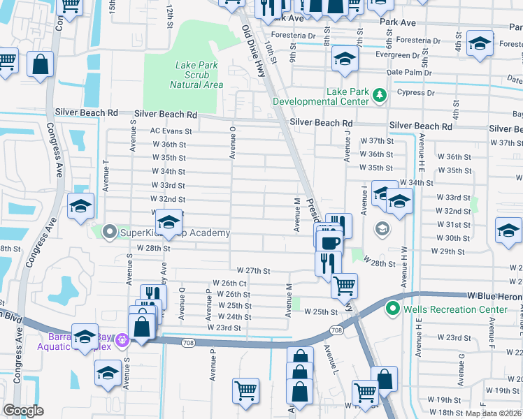map of restaurants, bars, coffee shops, grocery stores, and more near 1201 West 32nd Street in Riviera Beach